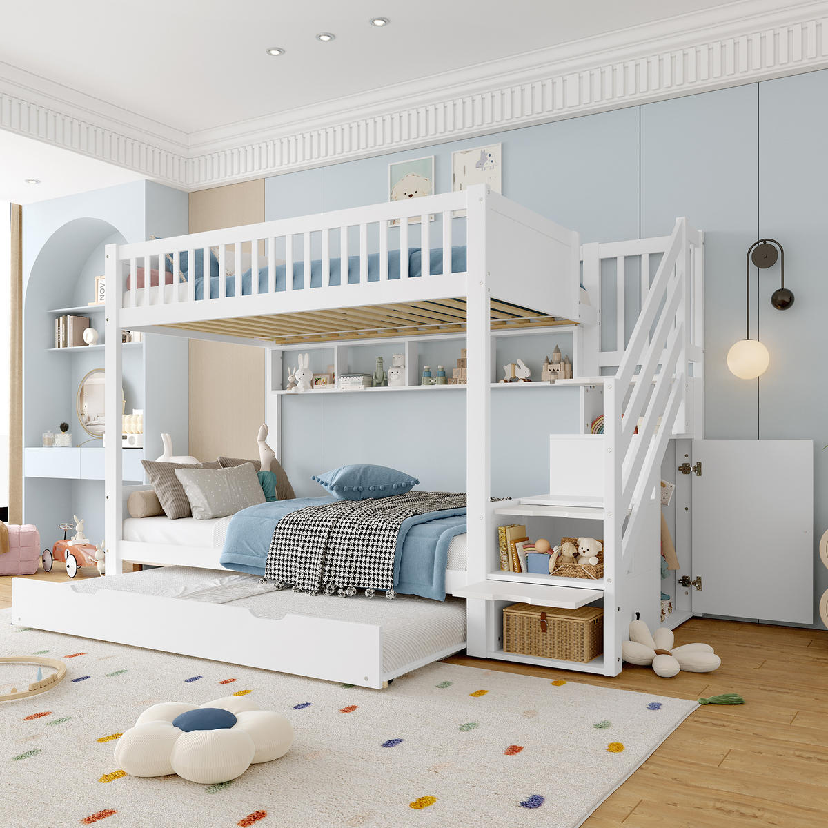 ETAGENBETT 90/200 cm Weiß mit Ausziehbett und Kleiderschrank aus Kiefernholz - Weiß, Holz (90/200cm) - OKWISH