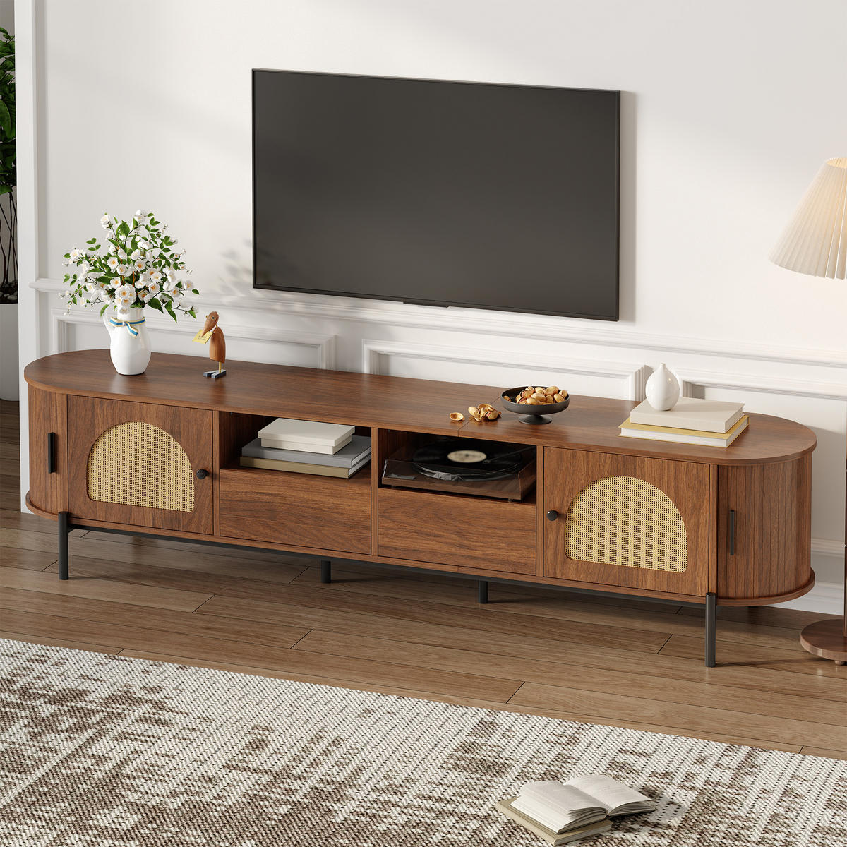TV-SCHRANK Oval Rattan Schiebetüren Metallbeine modern - Walnussfarben, Holzwerkstoff (40/49.5/200cm) - FLIEKS