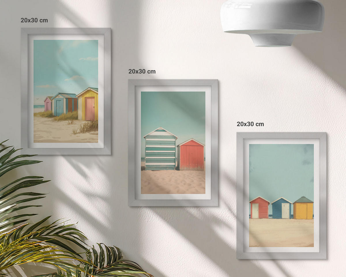 WANDBILDER 3er Set - 20x30 cm Silberner Rahmen - Bunte Häuser, Strand, Sonne - Silberfarben, Kunststoff (20/30cm) - ArtPrintCave