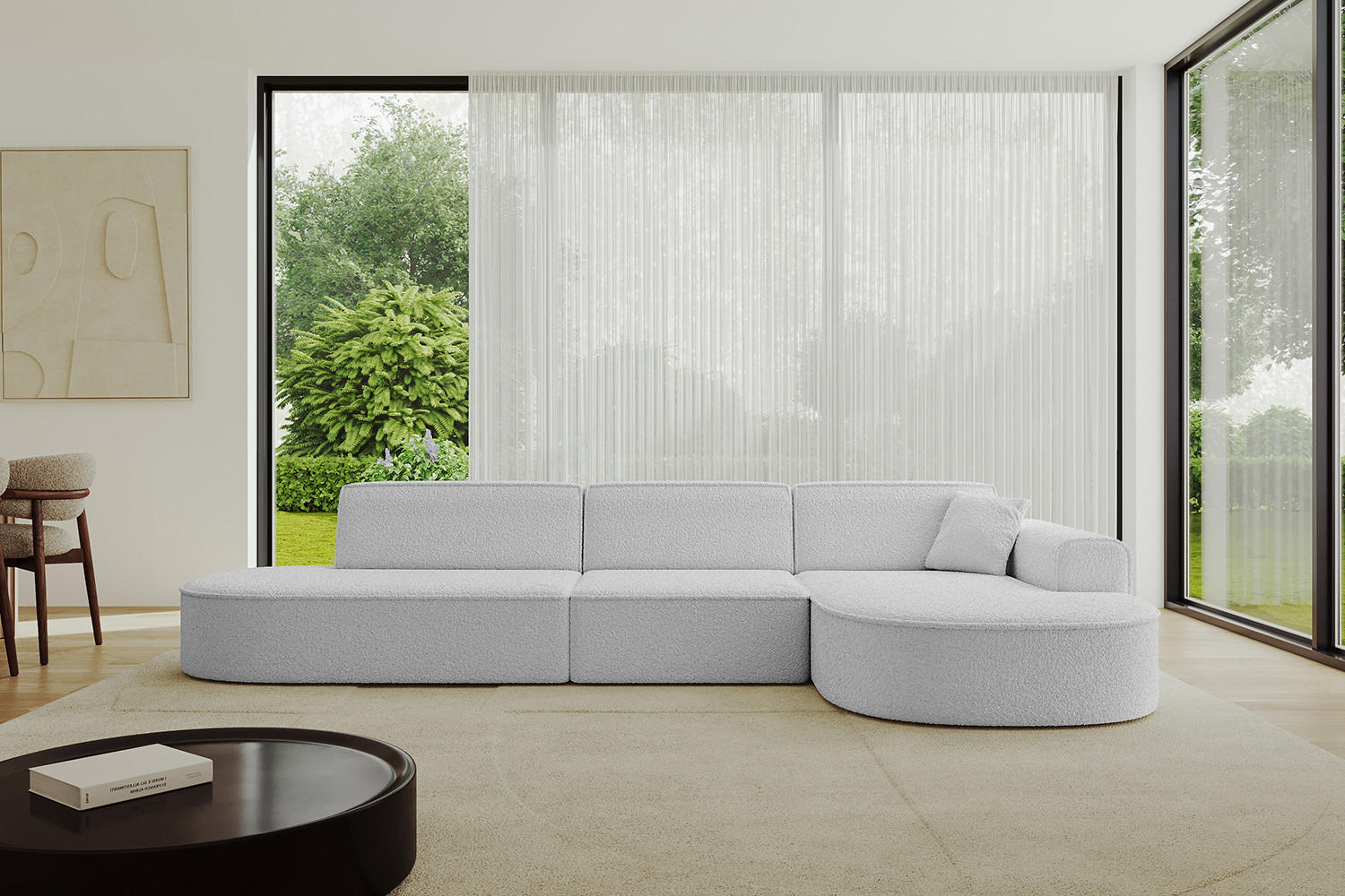 ECKSOFA Ottomane Rechts MARI-L2 - 317x163x73,5 cm Hellgrau Bouclé - Hellgrau/Schwarz, Holzwerkstoff/Kunststoff (317/163cm) - ALTDECOR