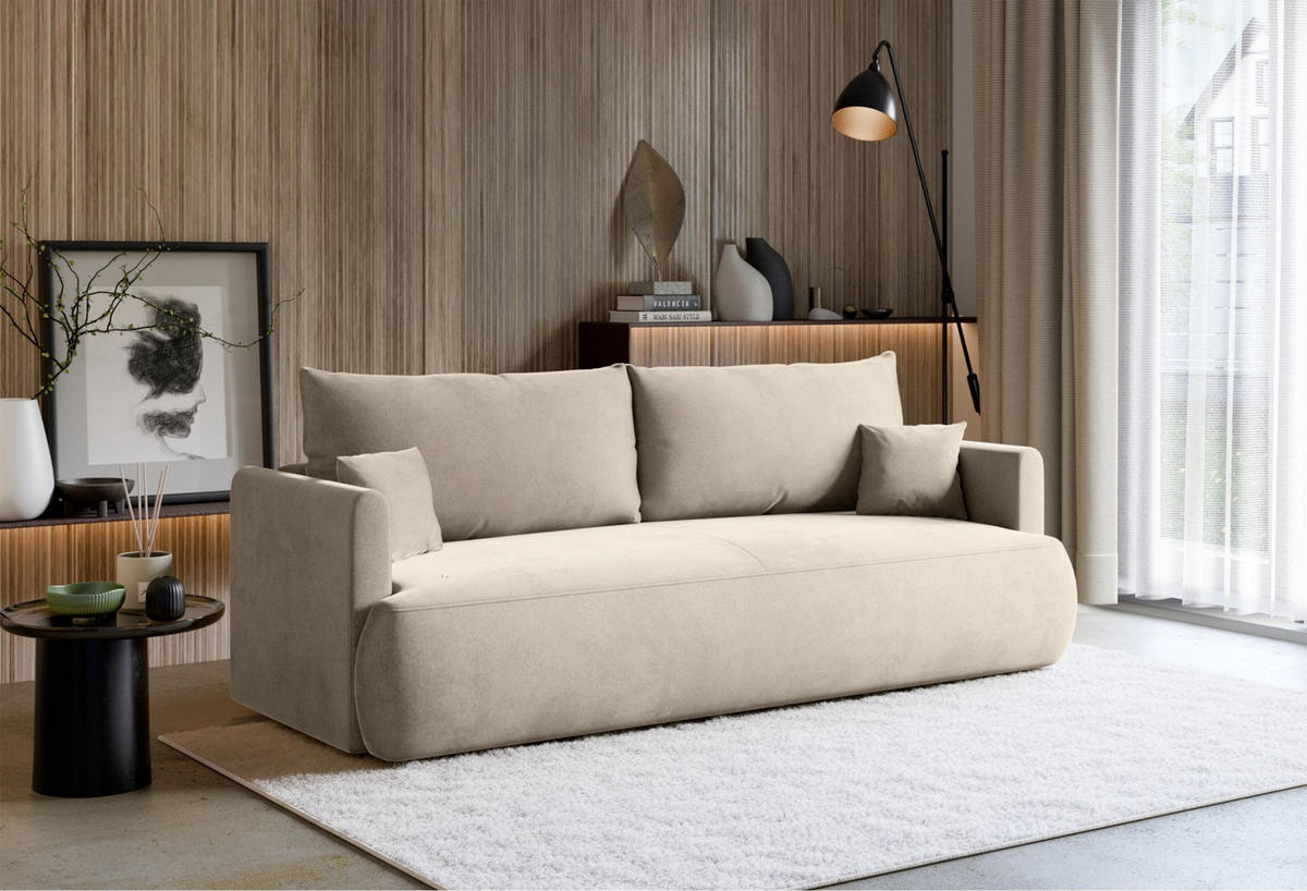 3-SITZER SOFA Ovo Mini Hellbeige Velours Easy-Clean - Ecru/Schwarz, Kunststoff/Textil (226/90/97cm) - Selsey