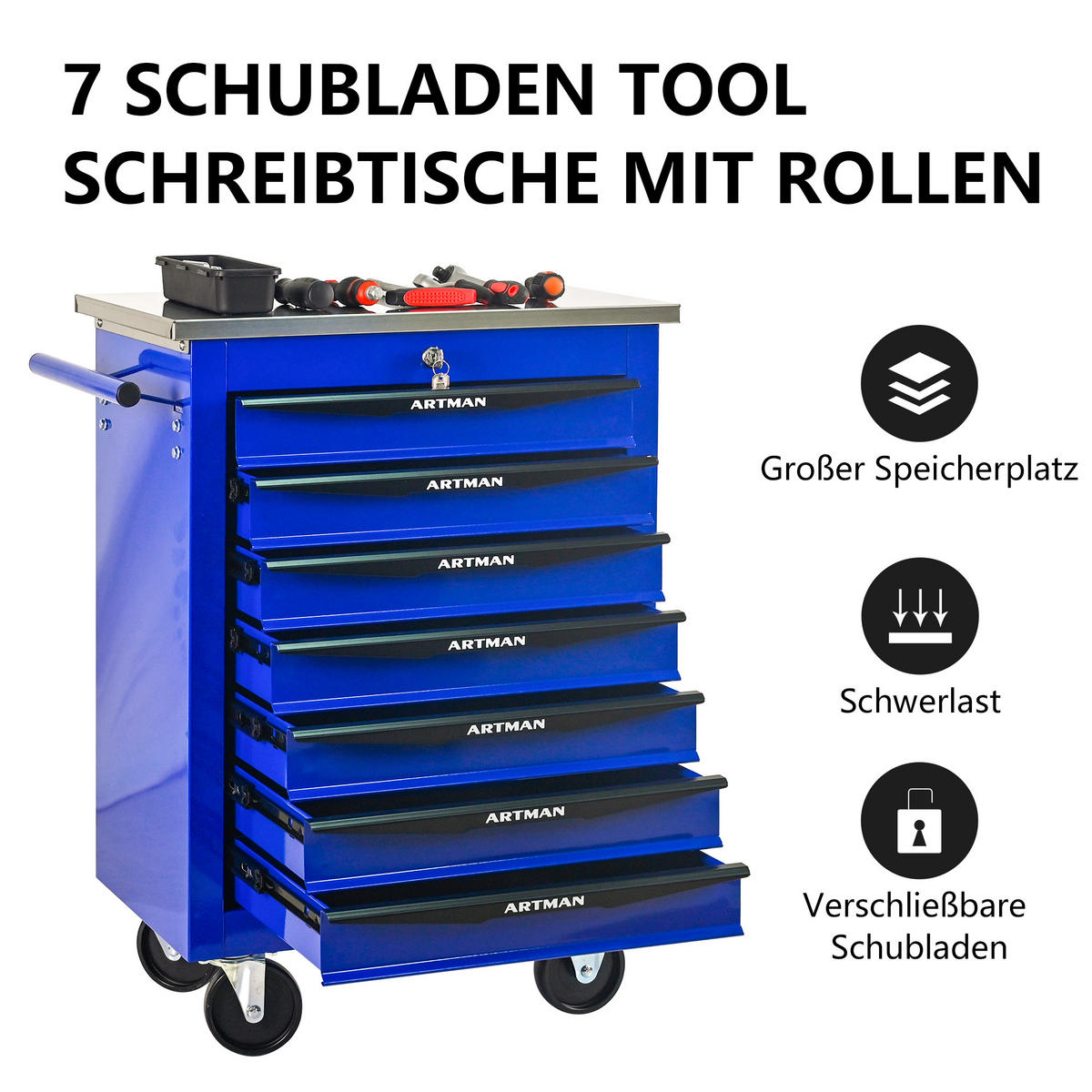 WERKZEUGWAGEN Metall mit Rollen – 7 Schubladen, Edelstahlablage, Werkstattwagen für Garage & Werkstatt, Schwarz/Blau - Blau, Metall (34.5/78/62.5cm) - Ej. Life