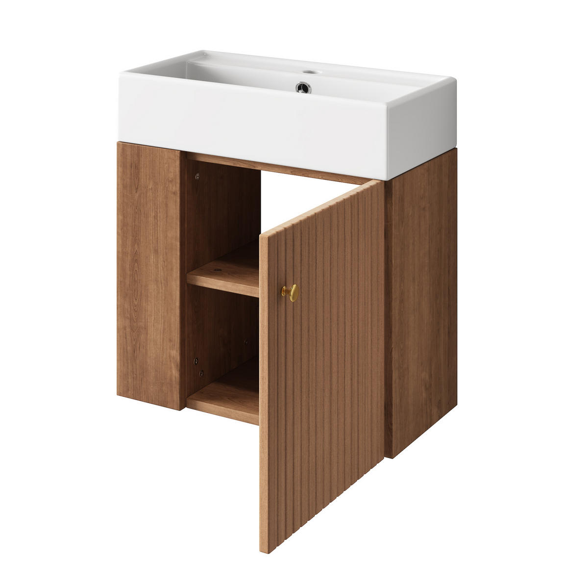 BADEZIMMERSCHRANK 55x31x66.5 cm Braun & Weiß aus Kunststoff mit Keramikbecken & 3D-Paneel - Braun, Holzwerkstoff (55/66.5/31cm) - Modfu