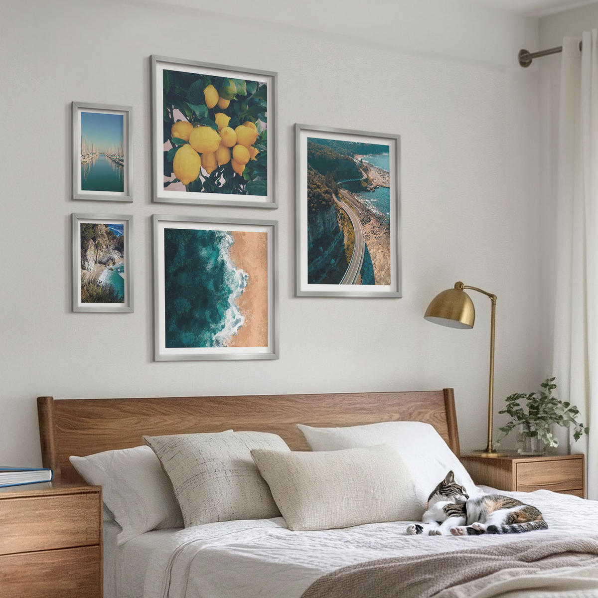WANDBILDER 5er Set - 50x50 cm & 20x30 cm & 40x60 cm Silberner Rahmen - Straßen am Meer, ein Meer aus Zitronen - Silberfarben, Kunststoff (40/60cm) - ArtPrintCave