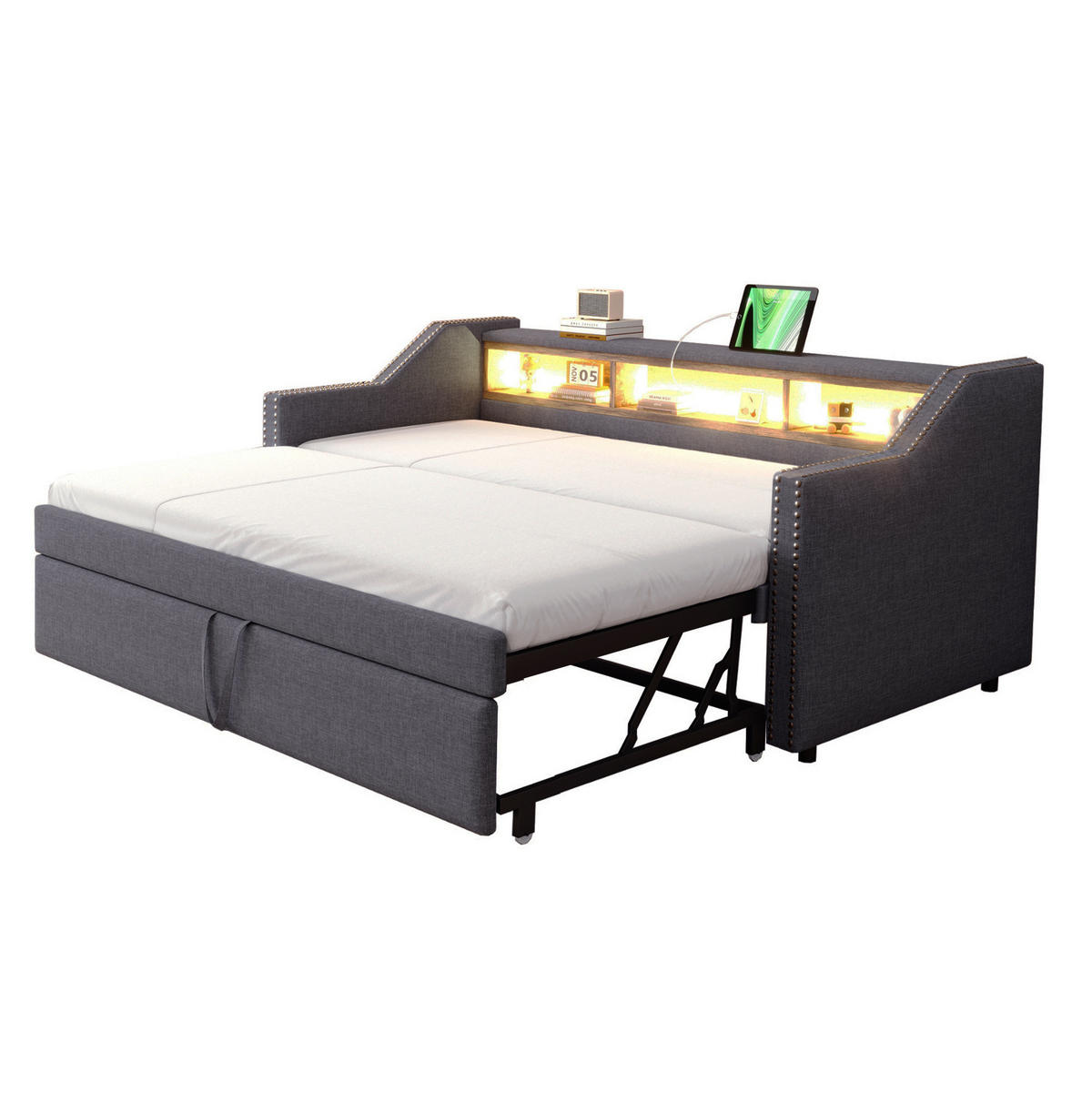 AUSZIEHBETT 90/180×190 cm Dunkelgrau mit LED-Beleuchtung und USB-Anschluss - Dunkelgrau, Textil (90/190cm) - Flora Grace