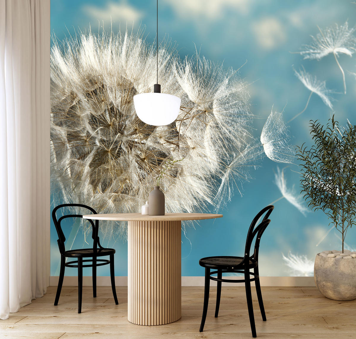 FOTOTAPETE für Schlafzimmer Löwenzahn im Wind Leicht Dynamisch 300x210 - Blau/Beige, Papier (300/210cm) - Muralo