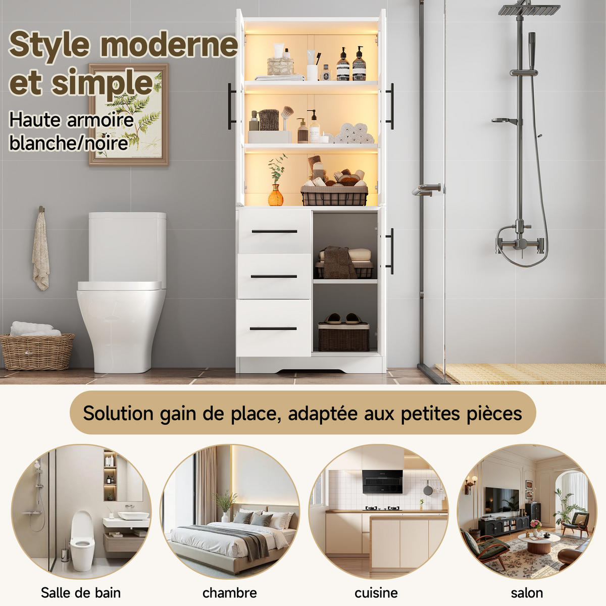 BADEZIMMERSCHRANK in Weiß Aufbewahrungsschrank mit Verstellbare Einlegeböden und App-gesteuertes LED, B72/T35/H170cm - Weiß, Glas/Holzwerkstoff (72/170/35cm) - STILVORA