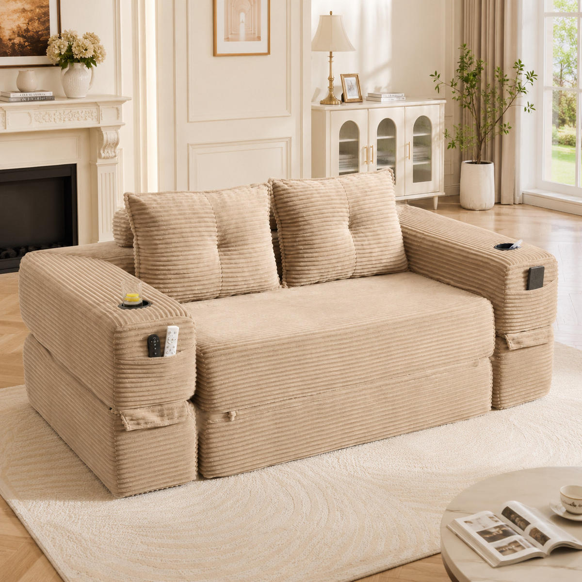 SCHLAFSOFA mit Schlaffunktion, Getränkehalter und Memory-Kissen aus Cord - Taupe, Textil (180/80/98cm) - EVRYAE
