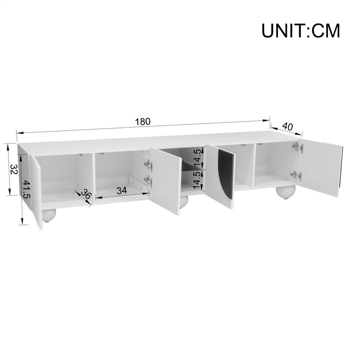 TV stolek 180/40/41,5 cm s push-to-open, otevřeným středovým prostorem a stabilními nožkami, Bílá - bílá, kompozitní dřevo (180/41.5/40cm) - Redom