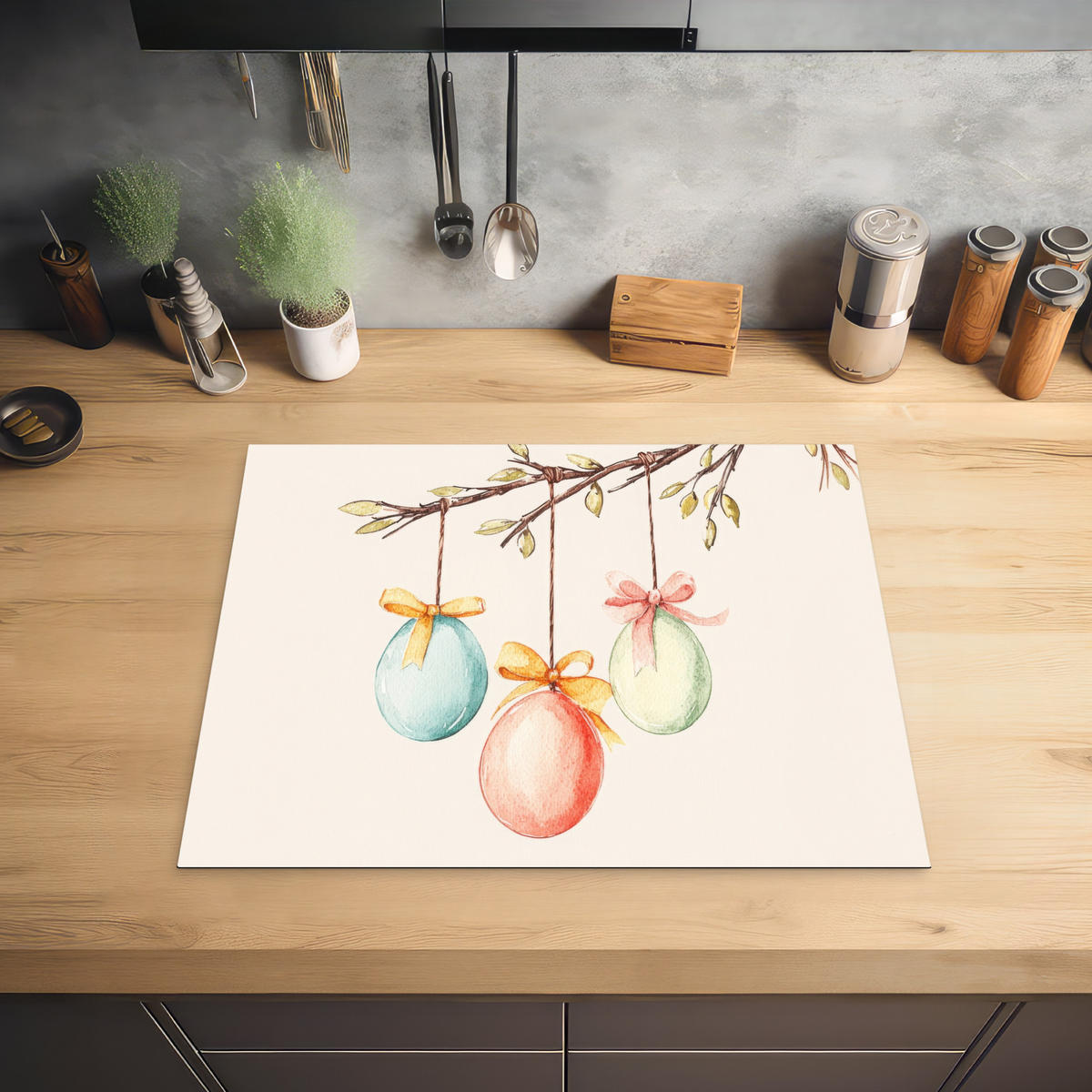 HERDABDECKPLATTE Osterkuchen - Schleife - Eier Herdabdeckung Induktionsfeld 65x52 cm - Creme, Kunststoff (65/52/0.2cm) - MuchoWow