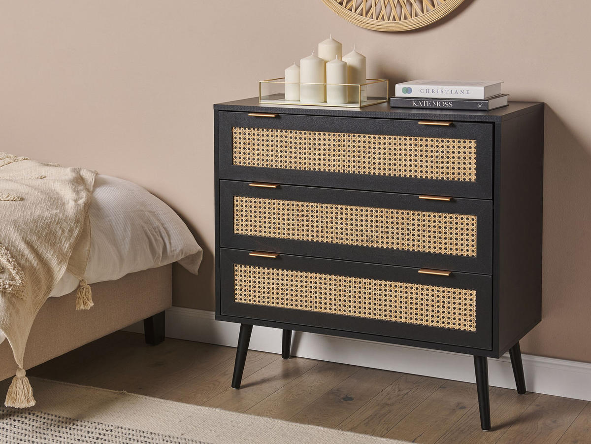 KOMMODE 3 Schubladen Rattan schwarz/beige Opoco - Beige/Schwarz, Holzwerkstoff (80/80/40cm) - Beliani