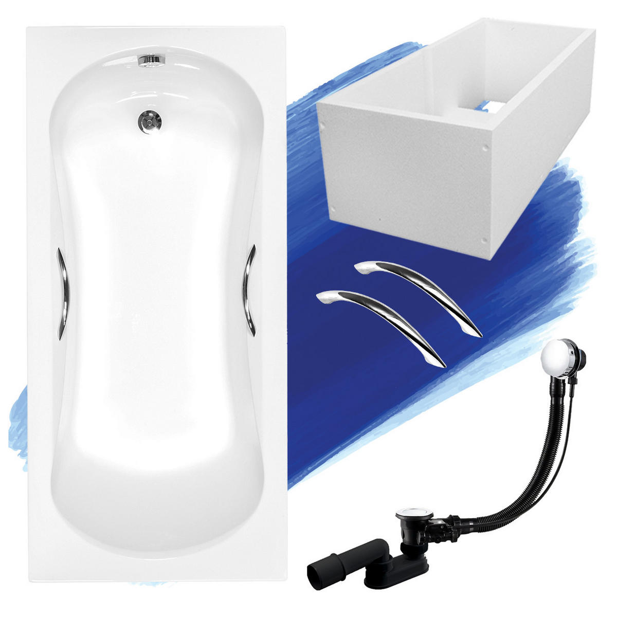 BADEWANNE Rechteck ARIA PLUS 160/70 mit Träger und Handgriffen Ablauf Füße - Weiß, Kunststoff (70/50/160cm) - bad land