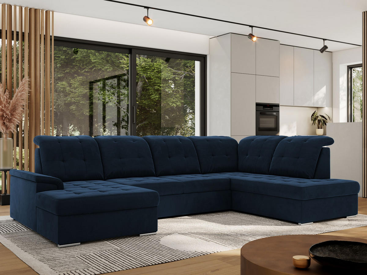 WOHNLANDSCHAFT MADRITO U - Dunkelblau Velorus - Rechts - Silberfarben/Dunkelblau, Textil/Metall (323/89/204cm) - MKS