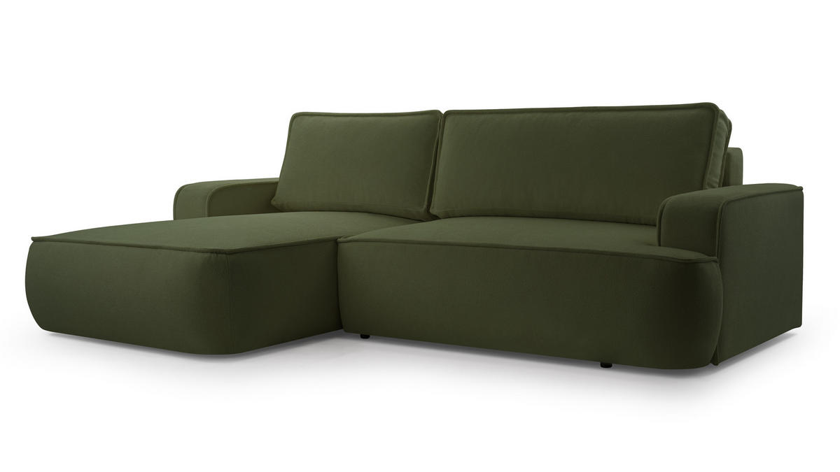 ECKSOFA SOLO Grün Boucle-Stoff mit Schlaffunktion - Grün, Holz (260/168cm) - MASSENO