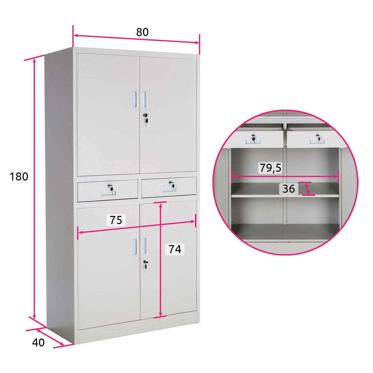 AKTENSCHRANK ,180 x 80 x 40 cm,hellgrau - Hellgrau, Metall (40/180/80cm) - tectake