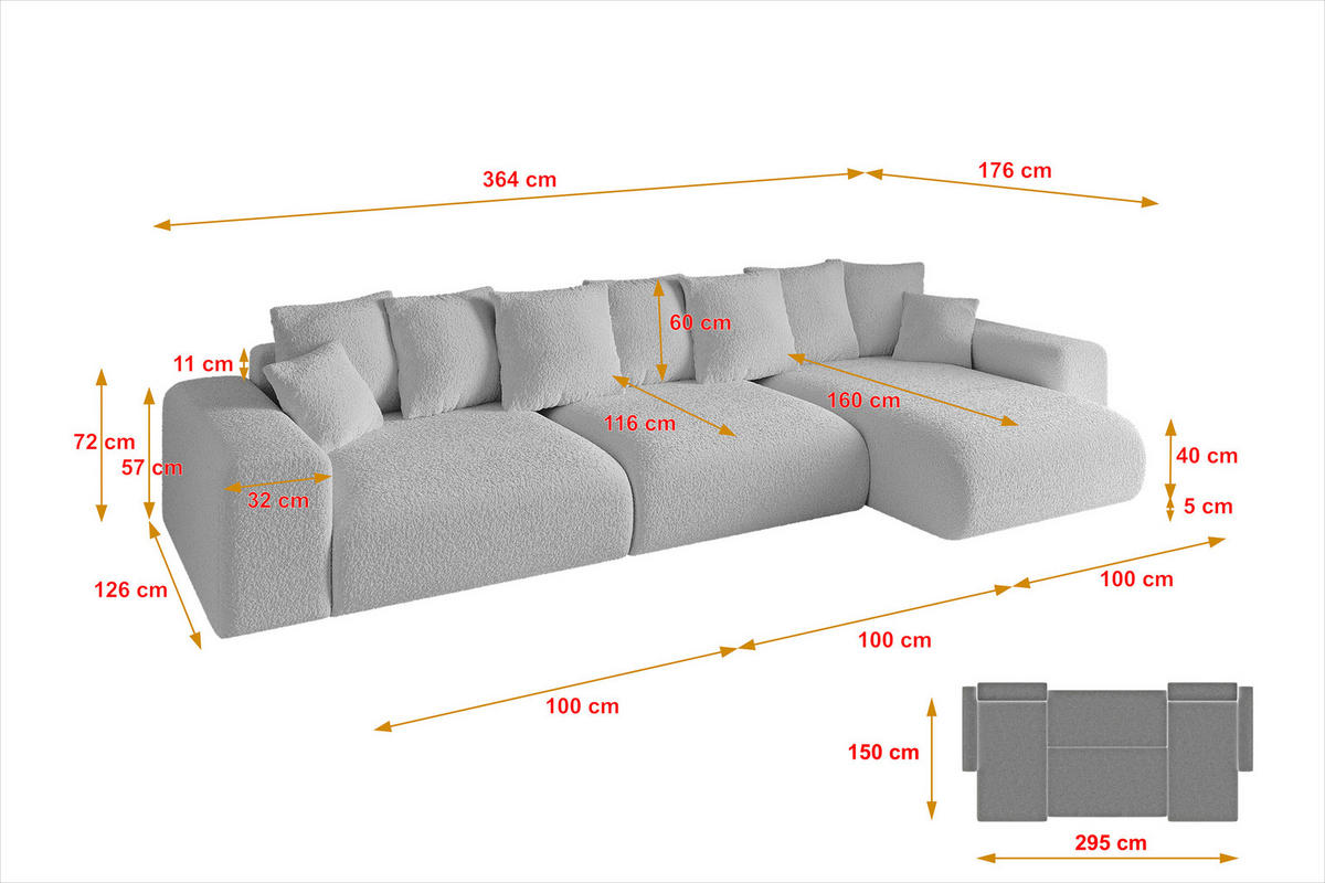 ECKSOFA Ottomane rechts ESKAR-L2 364x176x72 Hellgrau Bouclé - Hellgrau/Schwarz, Holzwerkstoff/Kunststoff (176/364cm) - ALTDECOR