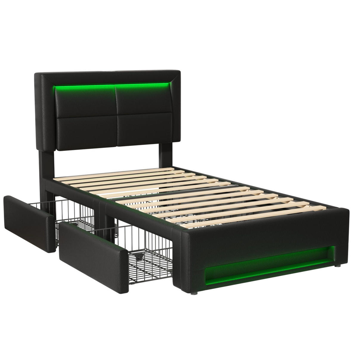 POLSTERBETT 90/190 cm Schwarz aus PU mit LED-Beleuchtung und USB-Anschluss - Schwarz, Kunststoff (90/200cm) - OKMYHOME