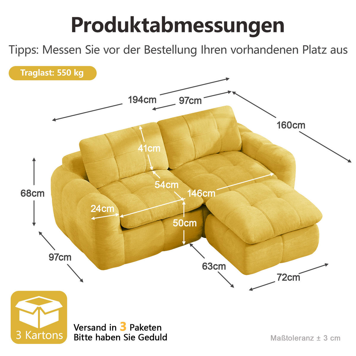 ECKSOFA DE-34464 mit Ottoman und Karostepp Gelb - Gelb, Textil (160/194cm) - ComfortXL