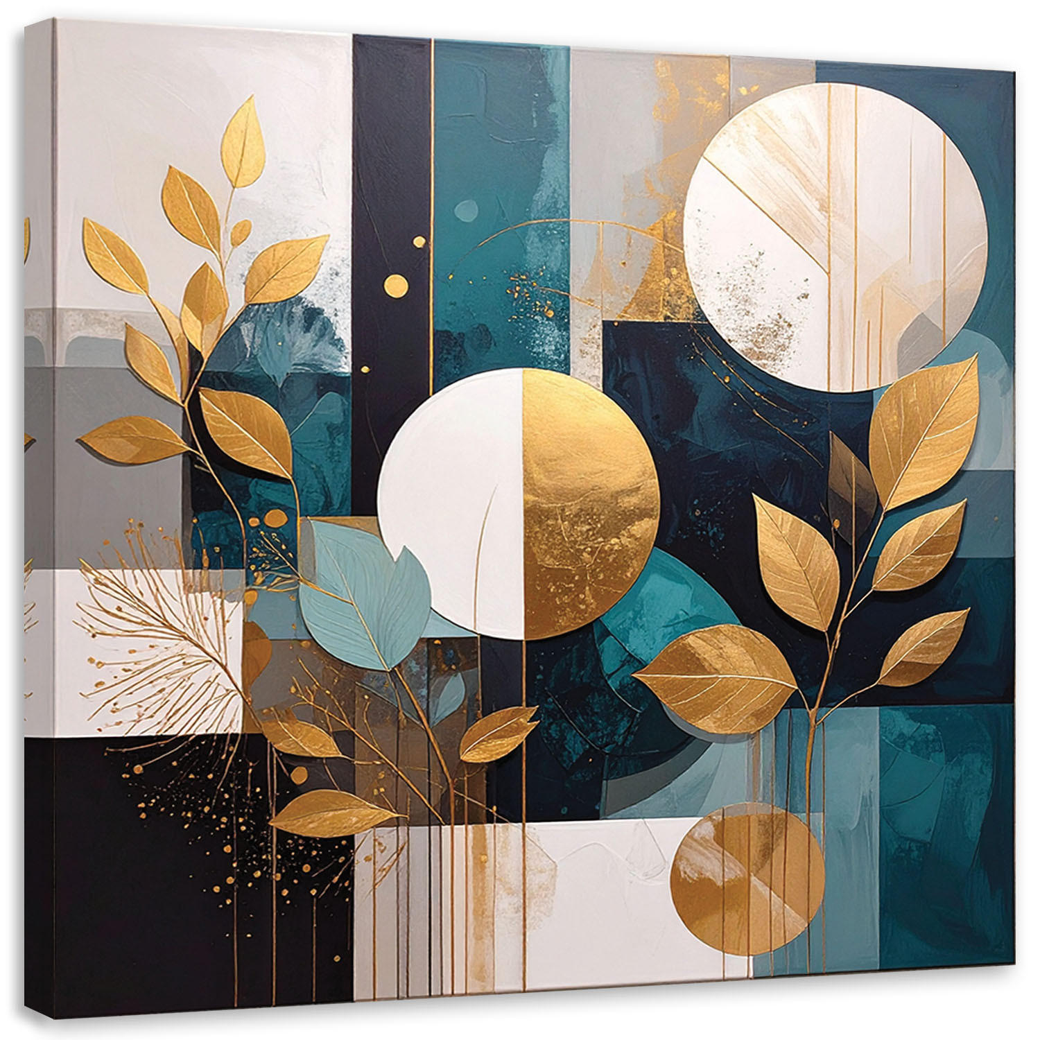 WANDBILD, Abstrakt Kreise Blätter in Türkis und Beige - Grün, Textil (40/40cm) - Feeby