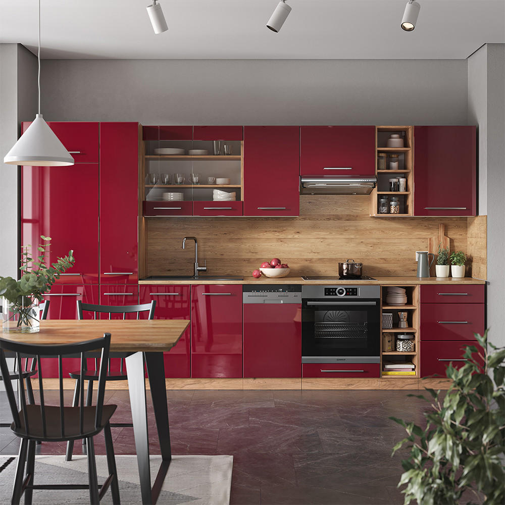 KÜCHENZEILE Fame-Line Bordeaux Hochglanz/Goldkraft Eiche 355 cm ohne AP - Bordeaux/Eiche Wotan, Holzwerkstoff (355/81.6/46cm) - Vicco