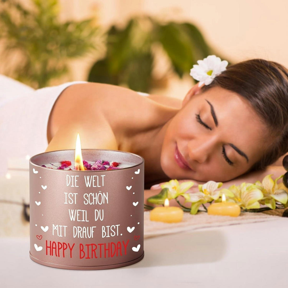 KERZE im Metallbehälter mit Spruch "Die Welt ist schön, weil du mit drauf bist. Happy Birthday" - Rosa, Metall (8.5cm)