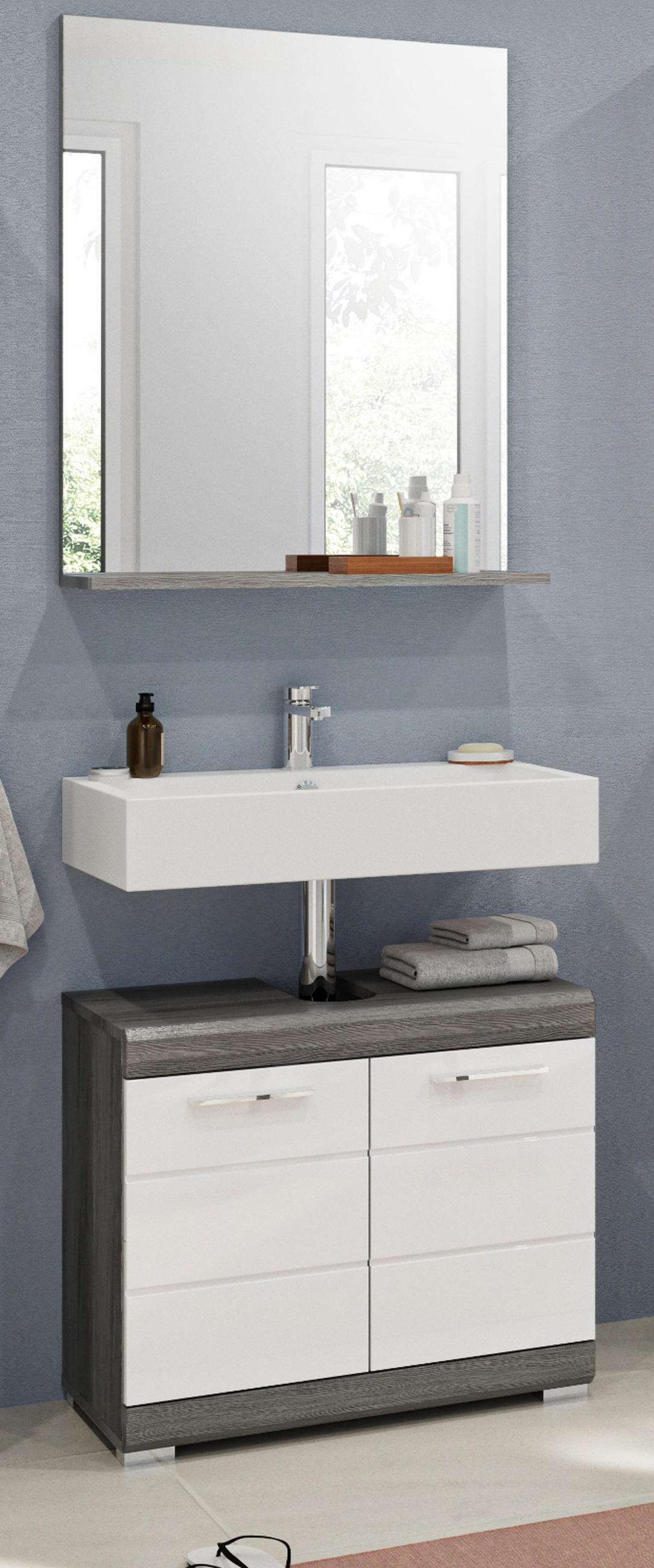 BADMÖBEL-SET weiß Hochglanz, grau 2-teilig 60 cm, Badkombination mit Spiegel - Weiß Hochglanz/Grau, Glas/Holzwerkstoff (60/191/34cm) - Inn.Furn