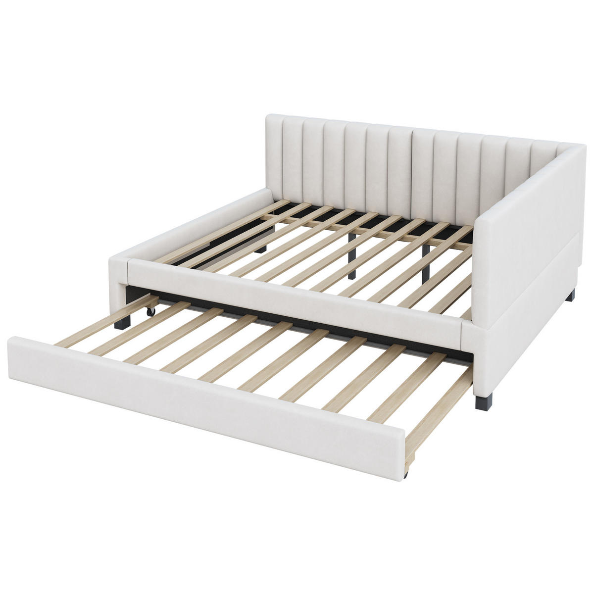 SAMT-POLSTERBETT 140/200 cm mit Ausziehbett und gepolstertem Kopfteil - Beige, Leder (140/200cm) - BEAOK