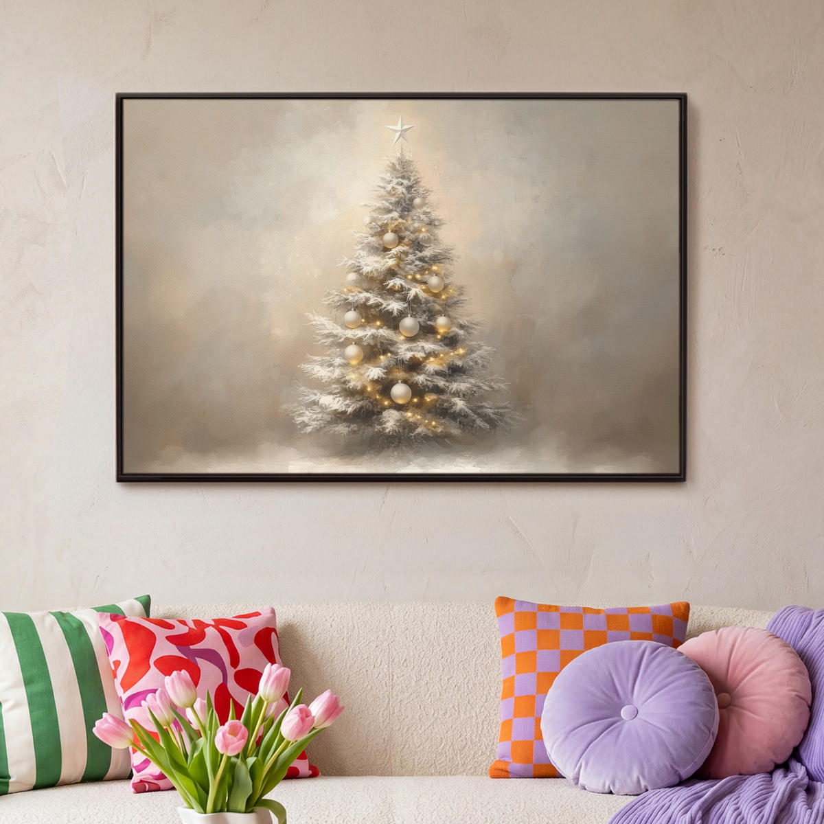 LEINWAND Bilder mit Rahmen - Weihnachten - Weihnachtsbaum - Schnee - Kunst - 90x60 - Champagner, Textil (90/60cm) - MuchoWow