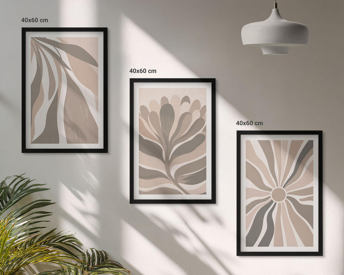 BILDER SET 3er Set - 40x60 cm Schwarzer Rahmen - Abstrakte Pflanzenmuster - Schwarz, Kunststoff (40/60cm) - TULUP