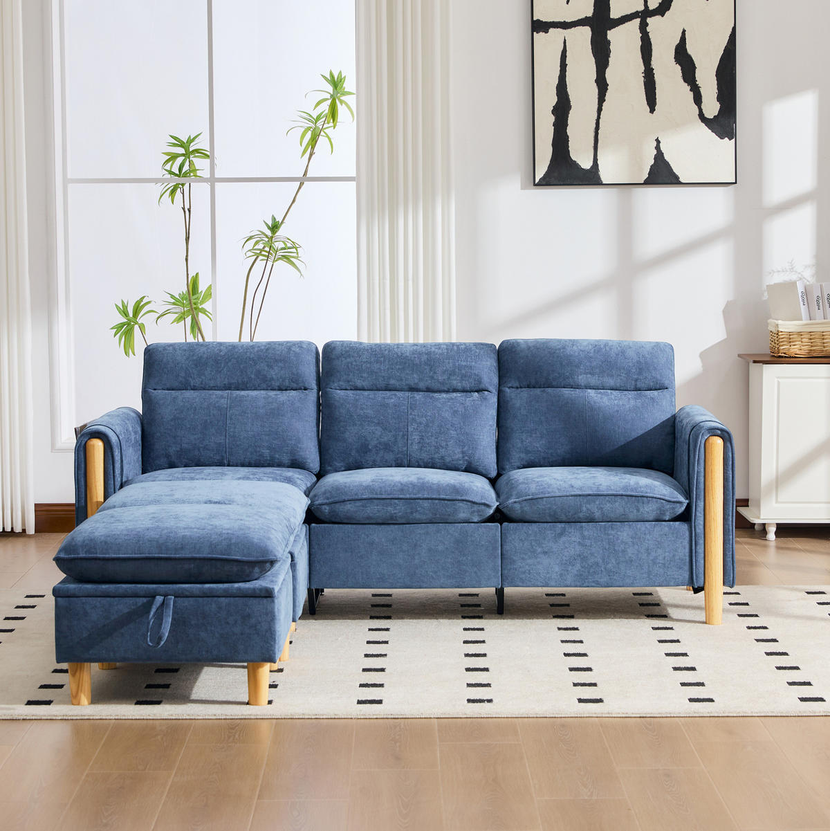 SOFA mit Stauraum-Hocker L-Form 201 cm Chenille Blau - Blau, Holz (77/201cm) - Meubliv