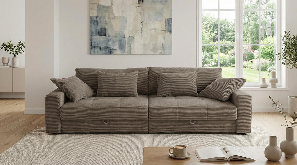 BIG-SOFA mit 2 Bettkästen, viel Stauraum, B274/T113/H84 cm, Liegefläche 103x241 cm, Cord Braun Taupe / 15264 - Braun, Kunststoff/Textil (284/84/113cm) - luma-home