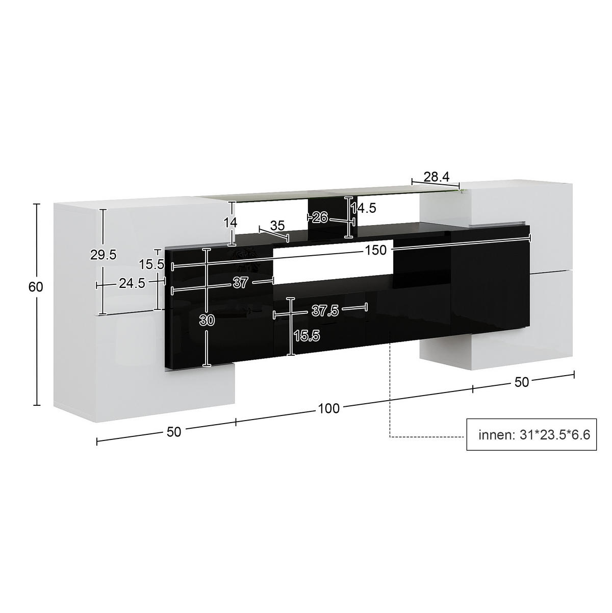 LOWBOARD 200/35/60 cm aus Spanplatte mit LED-Beleuchtung und Glasoberfläche Weiß/Schwarz - Schwarz, Holzwerkstoff (200/60/35cm) - Modenvie