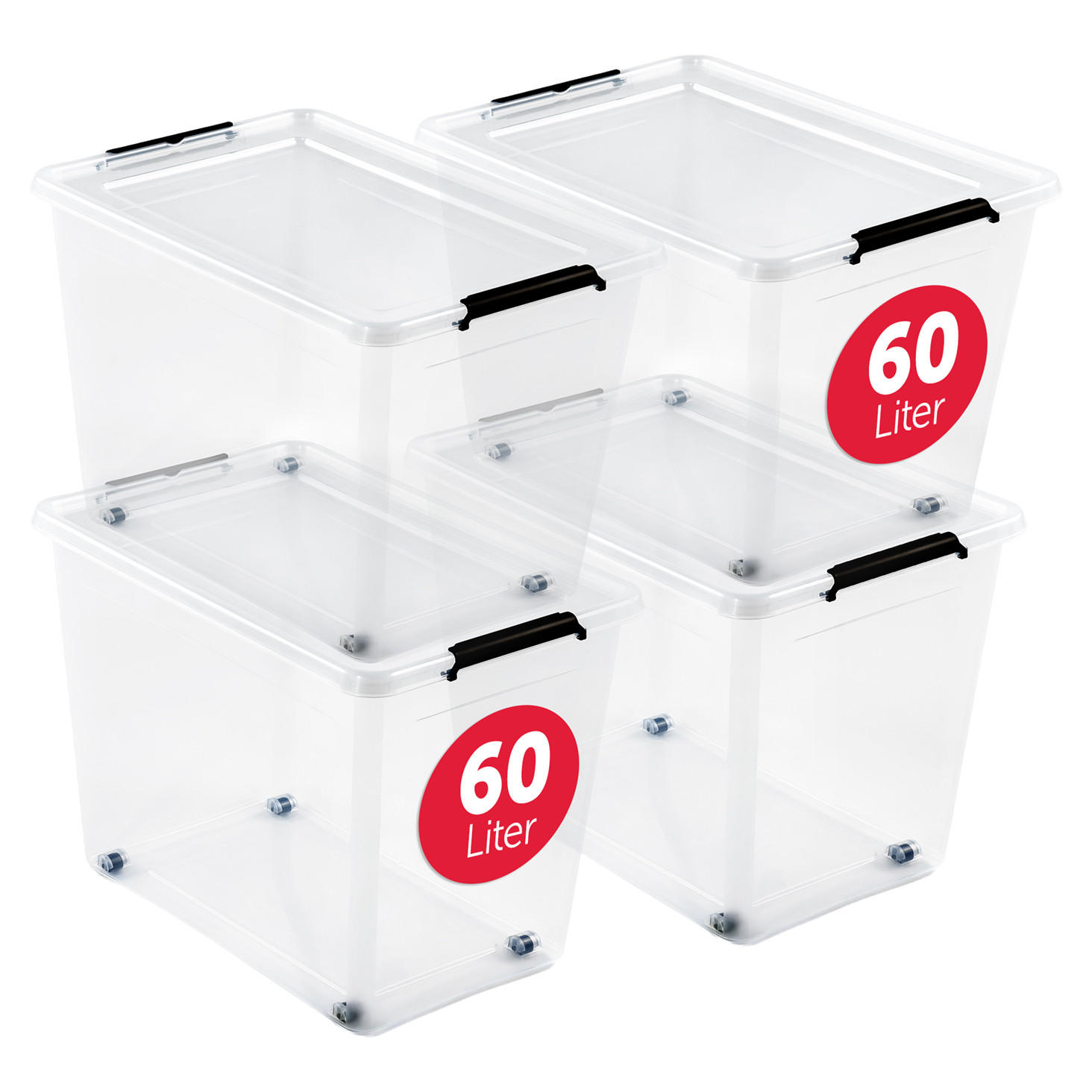 ÚLOŽNÉ boxy s víkem 60 l v sadě po 4 ks - průhledná, plast (39/35/58cm) - BOXXivo
