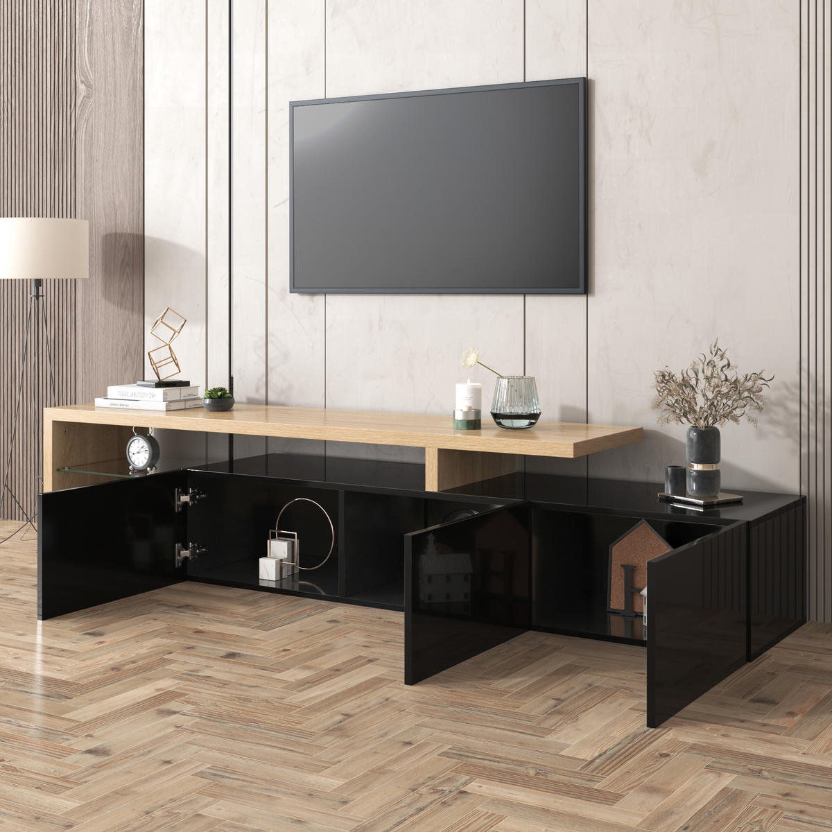 TV-SCHRANK Schwarz 197,5/39/42 cm - Schwarz, Glas/Holzwerkstoff (39/42/197.5cm) - Urban Meuble