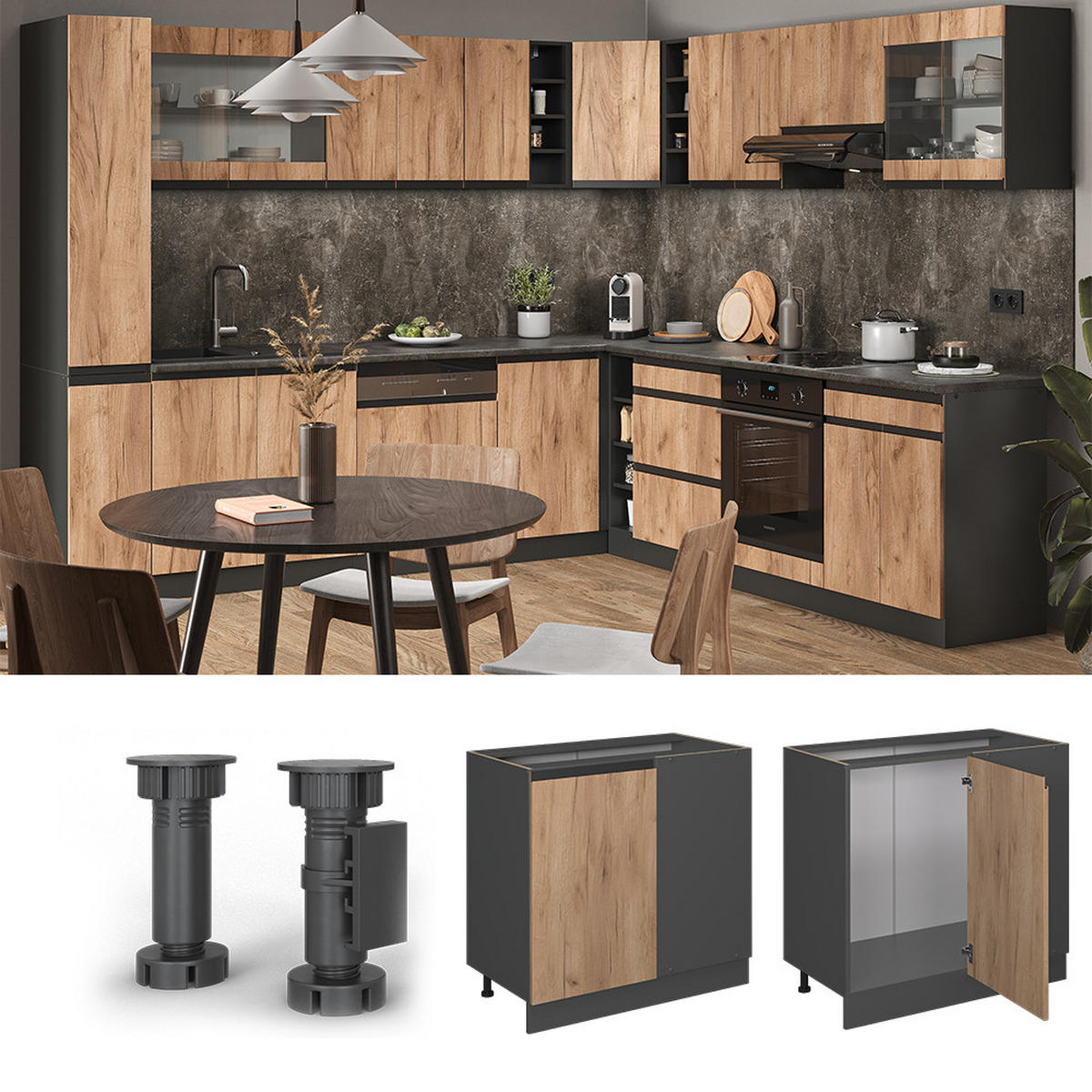 ECKUNTERSCHRANK R-Line Goldkraft Eiche 86 cm AP Marmor - Anthrazit/Eiche Wotan, Holzwerkstoff (86/81.6/60cm) - Vicco