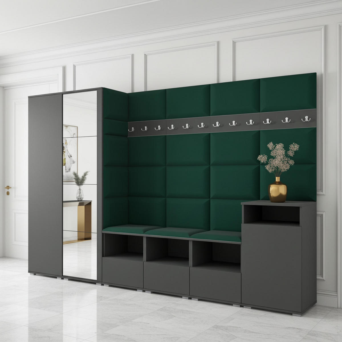GARDEROBE NELA XII 300 cm (Modulare Flurmöbel Graphit mit Spiegel & Sitzpolster Flaschengrün 28 Gigantisches Set) - Dunkelgrün/Silberfarben, Holz/Holzwerkstoff (300/187/40cm) - Ravio