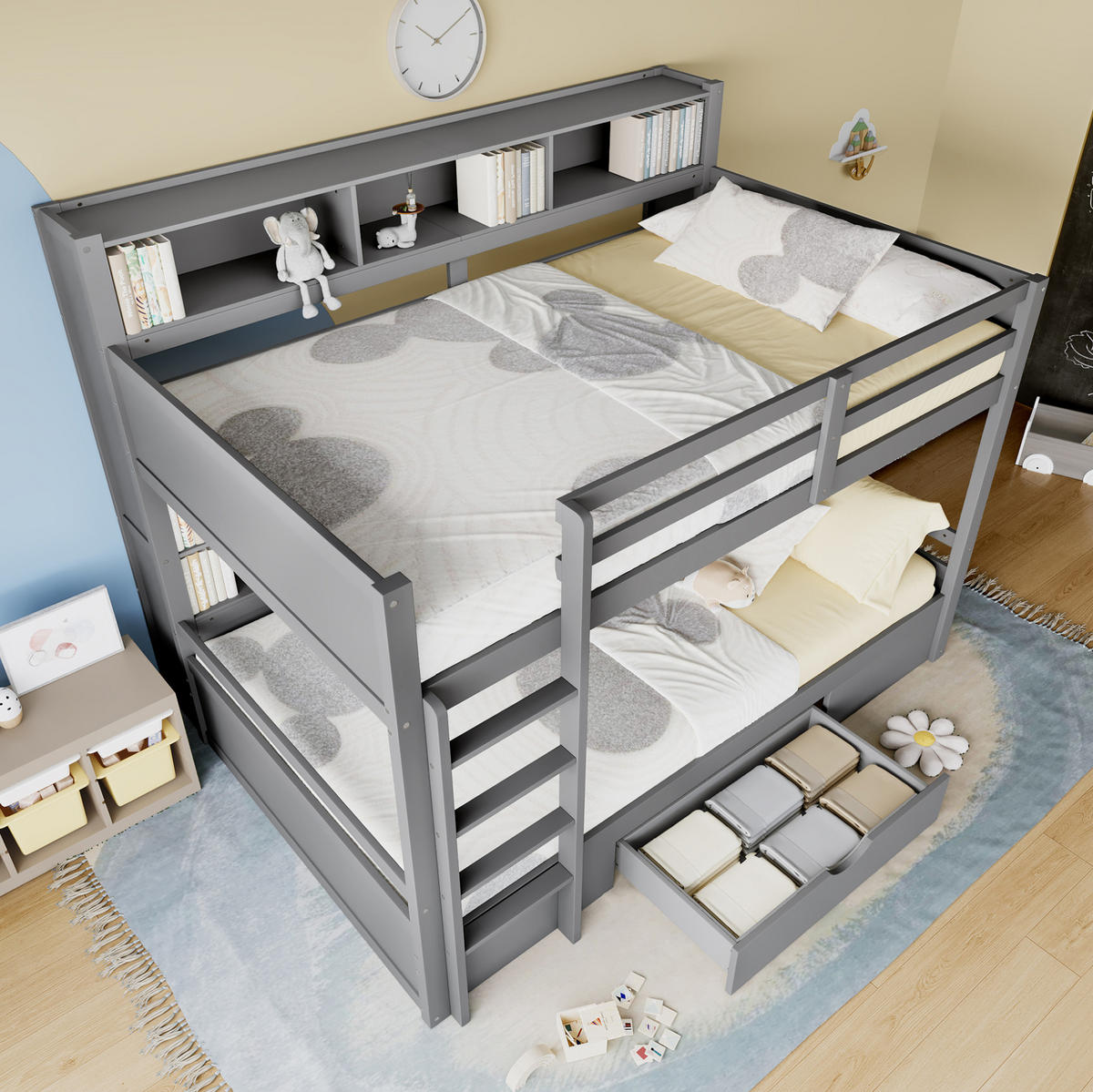 ETAGENBETT 90/200 cm Grau mit Schublade und Ablagen - Grau, Holz (90/200cm) - Flora Grace