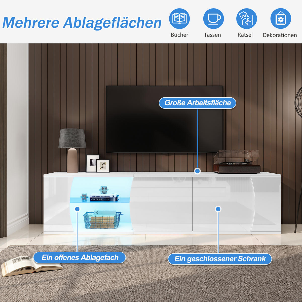 LOWBOARD in Weiß mit LED-Beleuchtung für Wohnzimmer, B180/T40/H45cm - Weiß, Glas/Holzwerkstoff (180/45/40cm) - STILVORA
