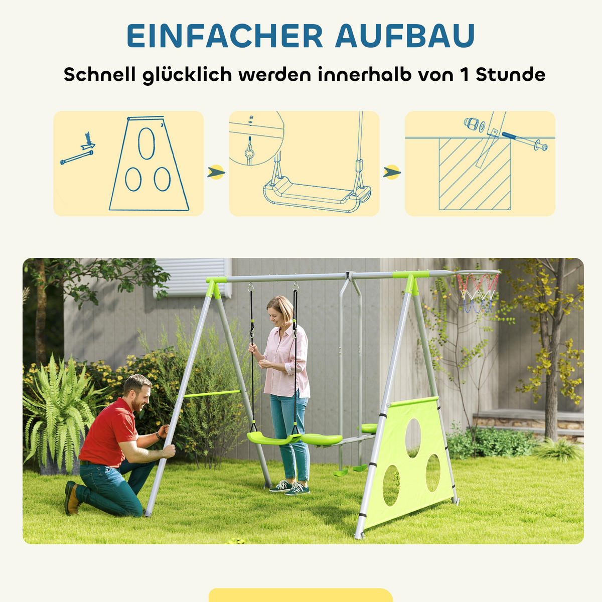 SCHAUKELGESTELL Outdoor Schaukelgerüst mit Schaukel, Basketballkorb, Fußballtor - Grün, Metall (180/238cm) - AIYAPLAY