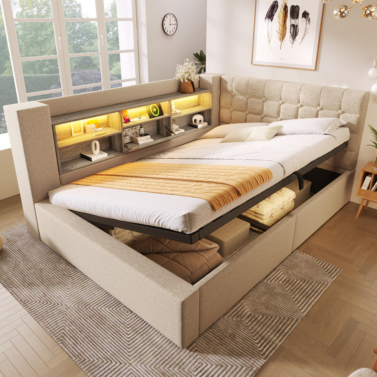 POLSTERBETT 140/200 cm Beige aus Leinen mit LED und Stauraum - Beige, Textil (140/200cm) - OKWISH