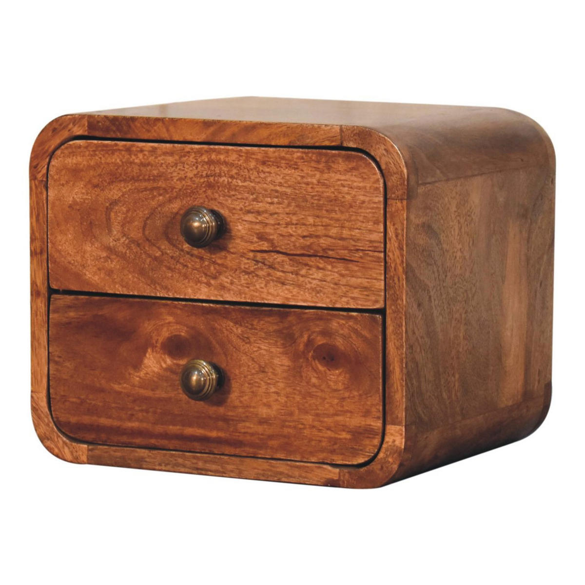 NACHTKASTEN Mini Geschwungen Honigkaramell Wandmontiert, 2 Schubladen, Dunkelbraun - Cognac/Messingfarben, Holz/Metall (30/25/25cm) - Artisan Furniture