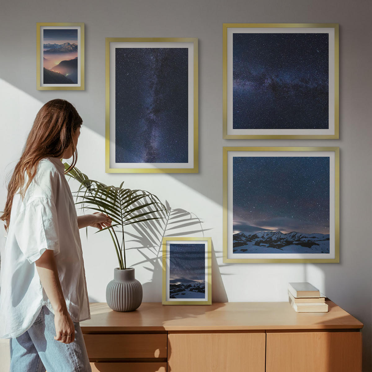 BILDER SET 5er Set - 50x50 cm & 20x30 cm & 40x60 cm Goldrahmen - Spiegelung der Felsen in Bergseen - Goldfarben, Kunststoff (40/60cm) - TULUP