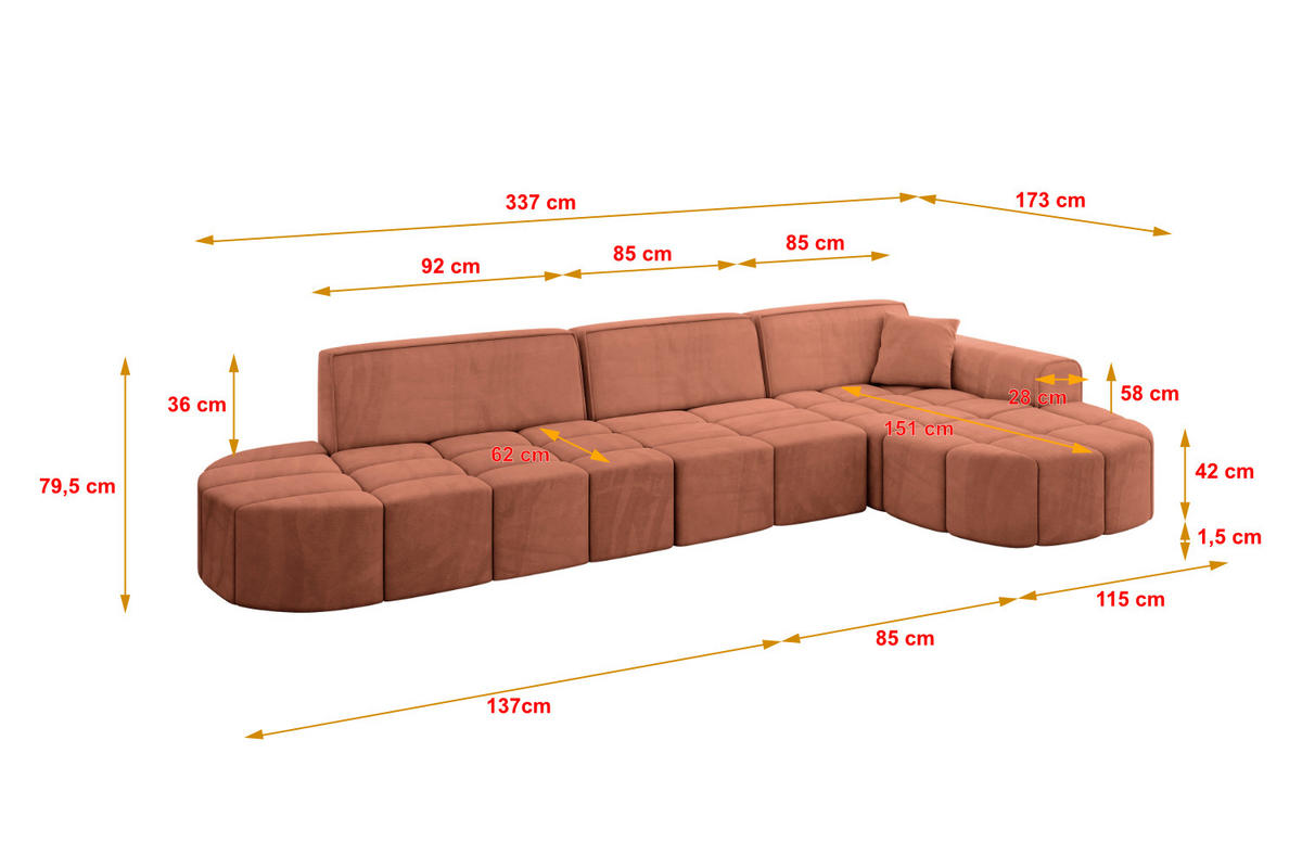 ECKSOFA Ottomane Rechts LIVO-L2 - 337x173x79,5 cm Apricot - Koralle, Holzwerkstoff/Textil (337/173cm) - ALTDECOR
