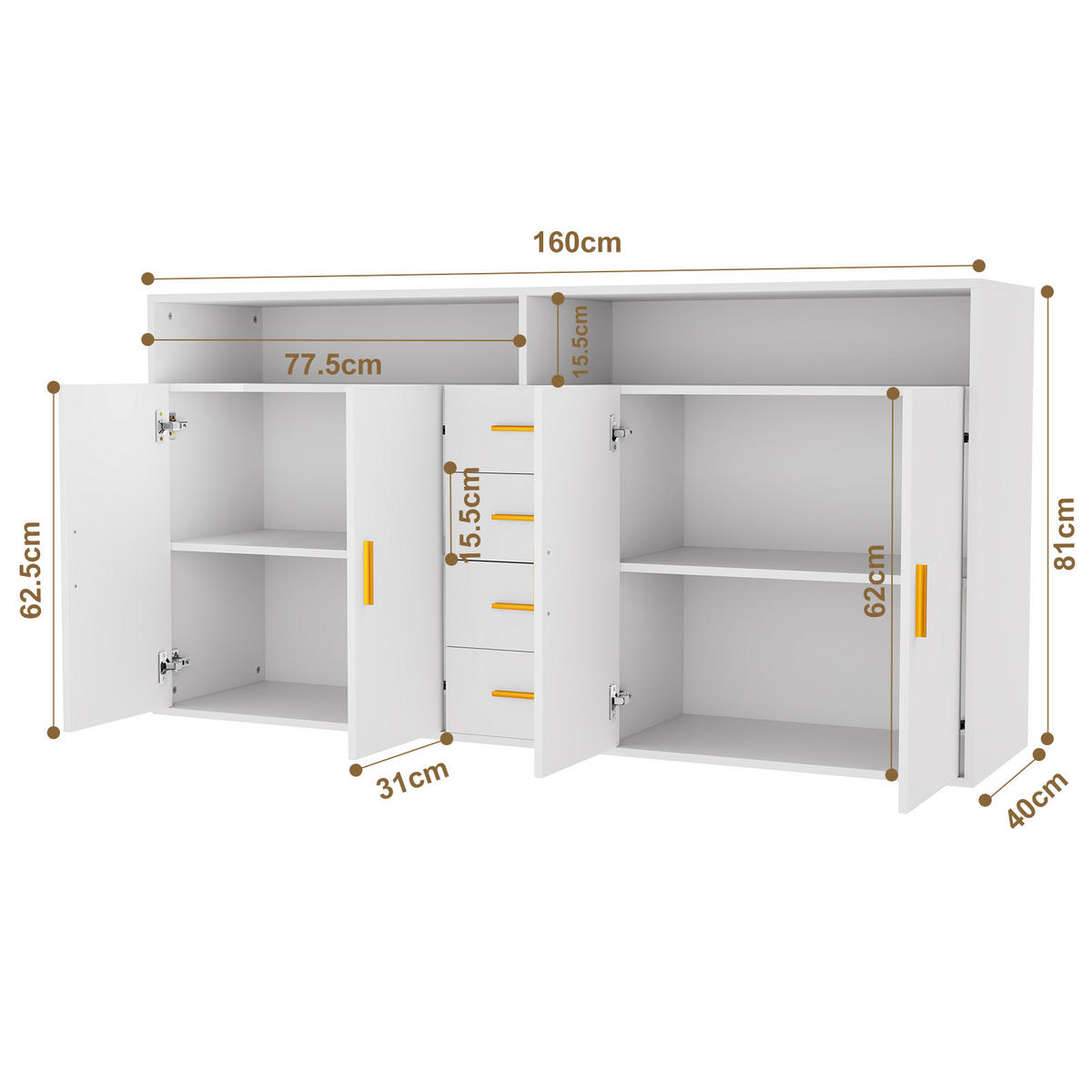 HOMAVO Sideboard mit 4 Schubladen – Anrichte – Kommode – Maße: 160 x 81 x 40 cm (L x H x P) - Weiß, Holzwerkstoff/Metall (160/81/40cm) - HOMAVO