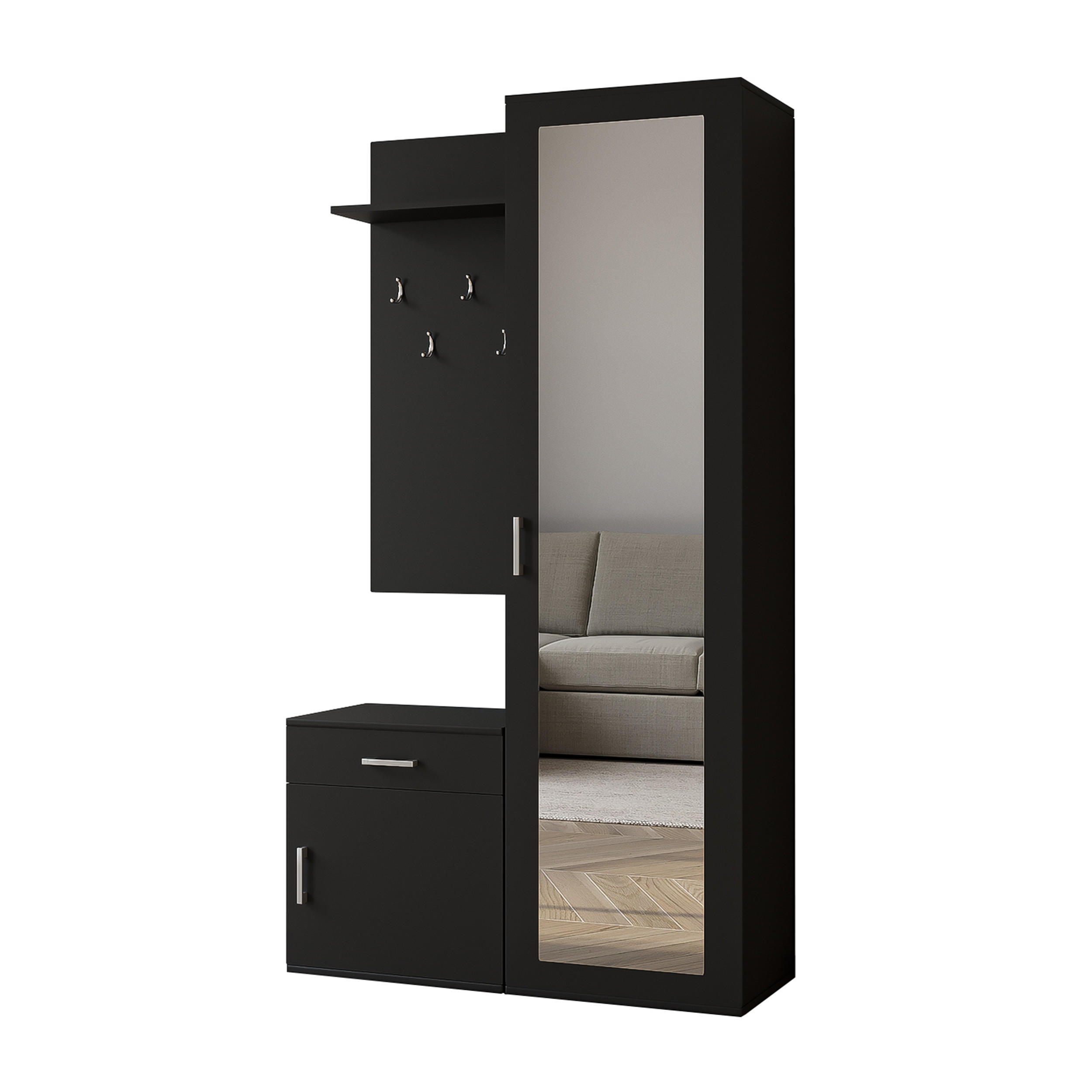 GARDEROBENSCHRANK Magnola Schwarz 100/180,5/35 cm – Modern, mit Spiegel und viel Stauraum - Schwarz, Holzwerkstoff/Kunststoff (100/180.5/35cm) - AX Living
