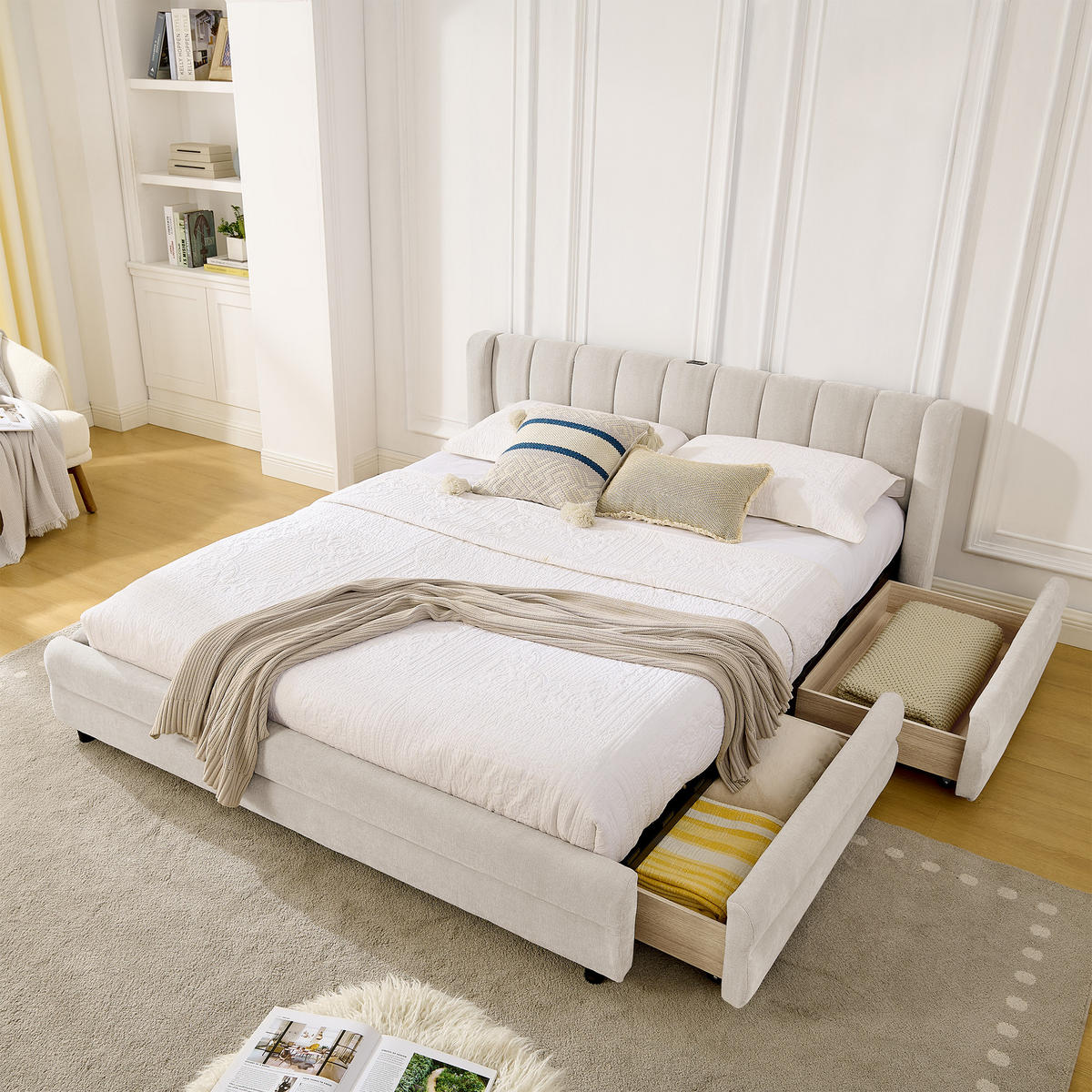 POLSTERBETT 160/200 cm DE-03800, mit 4 Schubladen und Chenille-Bezug, in Beige - Beige, Metall (160/200cm) - ComfortXL
