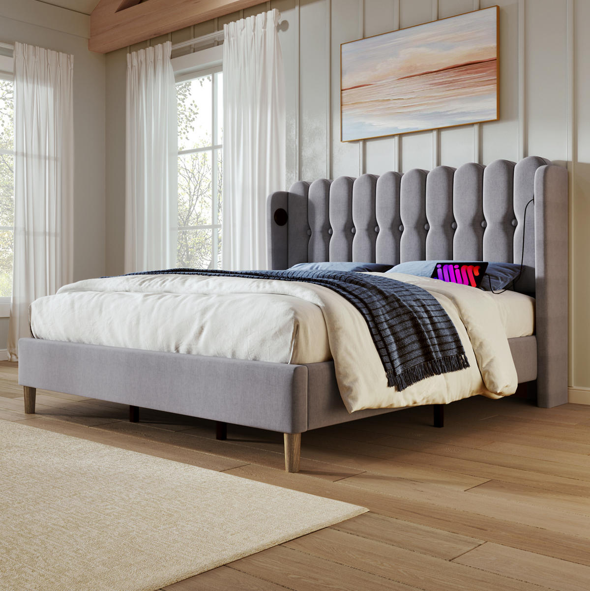 POLSTERBETT 160/200 cm mit USB- und Typ-C-Anschluss, gepolstertem Kopfteil und Matratze, Grau - Grau, Textil (160/200cm) - Redom