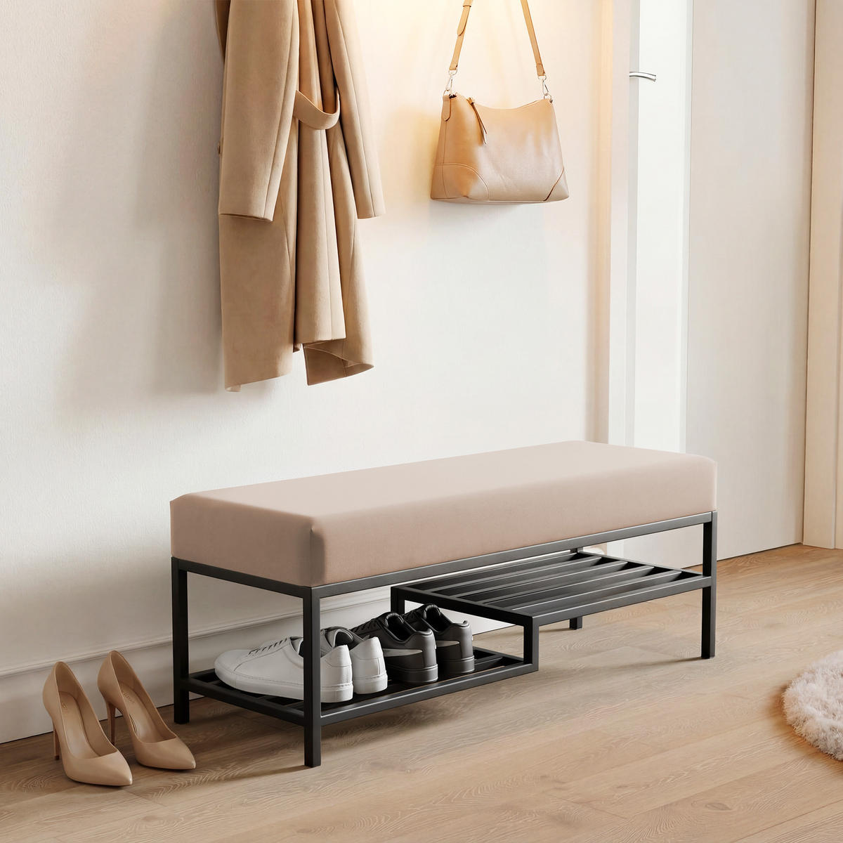POLSTERBANK STEP 80 cm Schwarz / Beige ,Metallgestell - Beige, Metall (80/45/35cm) - Idohome