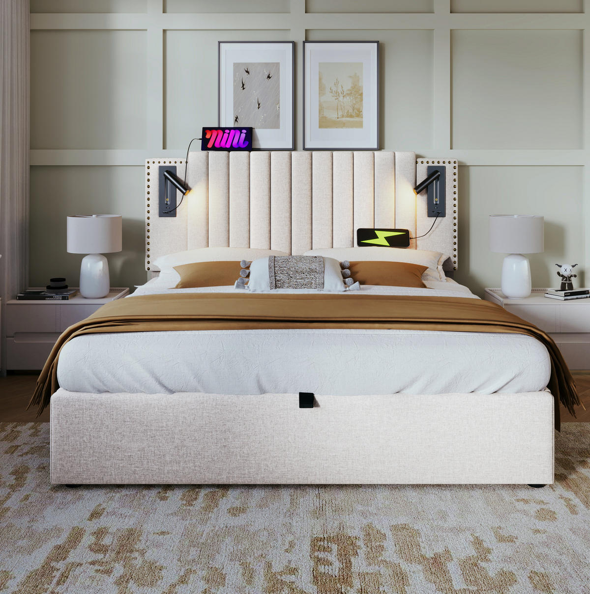 POLSTERBETT 140/200 cm mit Leselicht, USB-C-Anschlüssen und Bettkasten, höhenverstellbares Kopfteil, Beige - Beige, Textil (140/200cm) - Redom
