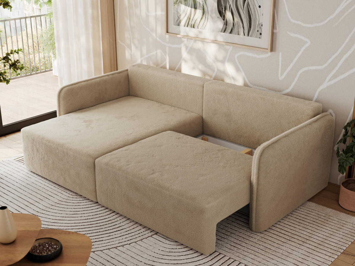 ECKSCHLAFSOFA MESTO L Beige Plüsch - links - Beige/Schwarz, Kunststoff/Textil (227/147cm) - MKS